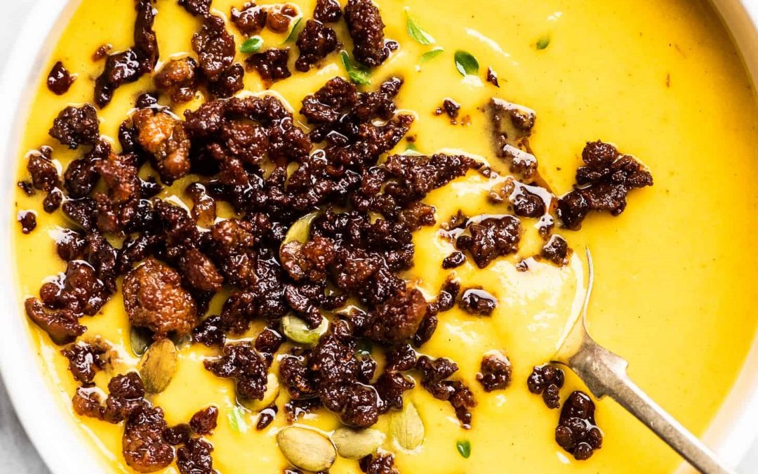 Roasted squash soup with chorizo crispies